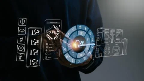 Smart home concept.Hand of man using smart home control app on mobile phone.. Stock Photos