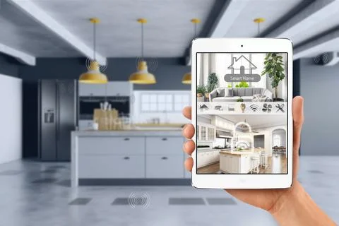 Smart home concept.Smart Home Interface With Augmented Reality of kitchen In Stock Photos