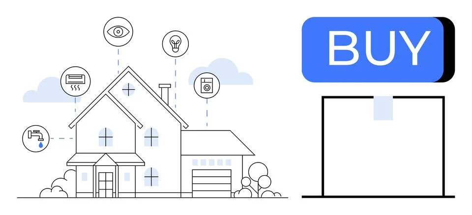 Smart home with connected devices including security camera, light bulb, wash Stock Illustration