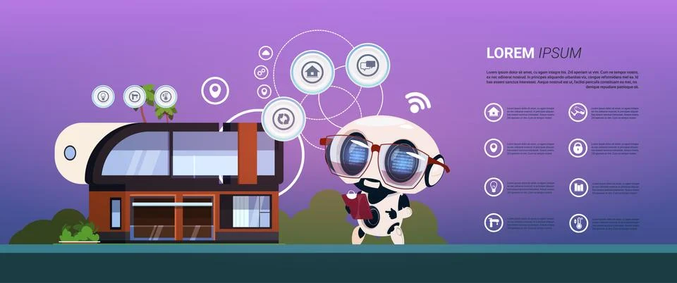 Smart Home Control And Autimation System Robot Over Infographic Banner, Modern Ilustración de archivo