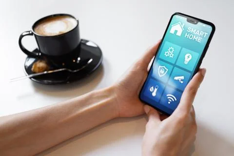 Smart home control application on mobile phone screen. Automation and iot Stock-Fotos