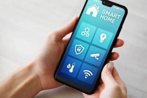 Smart home control application on mobile phone screen. Automation and iot Stock Photos