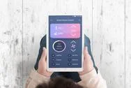 Smart Home Control Concept App On Teblet In Woman Hands. Flat Design Interface Stock Photos