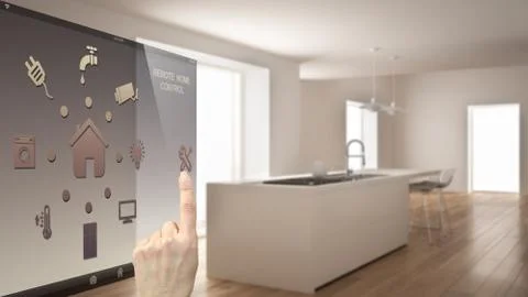 Smart home control concept, hand controlling digital interface from mobile ap イラスト素材