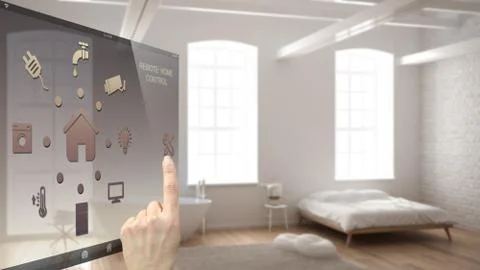Smart home control concept, hand controlling digital interface from mobile ap 스톡 일러스트