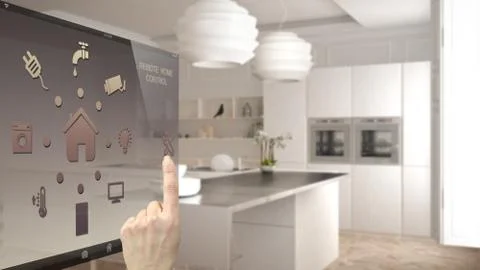 Smart home control concept, hand controlling digital interface from mobile ap Stockillustratie