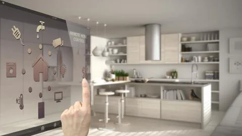 Smart home control concept, hand controlling digital interface from mobile ap Stockillustratie