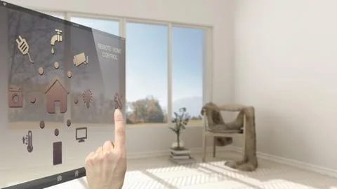 Smart home control concept, hand controlling digital interface from mobile ap Stockillustratie