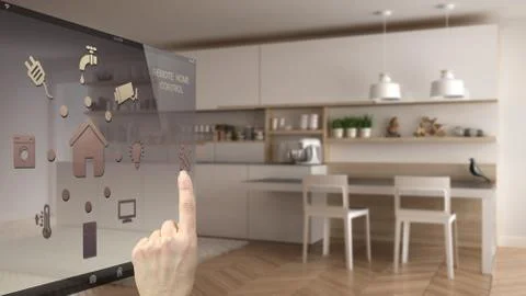Smart home control concept, hand controlling digital interface from mobile ap イラスト素材