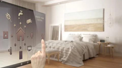 Smart home control concept, hand controlling digital interface from mobile ap 스톡 일러스트