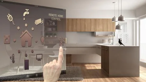 Smart home control concept, hand controlling digital interface from mobile ap Illustrazione stock
