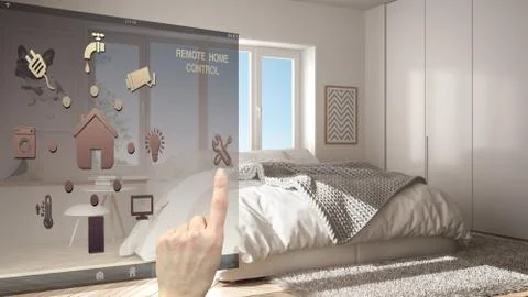Smart home control concept, hand controlling digital interface from mobile ap イラスト素材