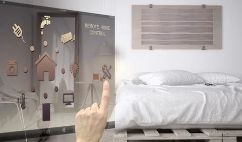 Smart home control concept, hand controlling digital interface from mobile ap Stock Illustration