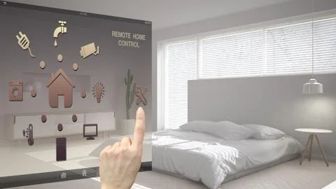 Smart home control concept, hand controlling digital interface from mobile ap Illustrazione stock