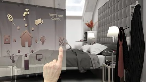 Smart home control concept, hand controlling digital interface from mobile ap イラスト素材