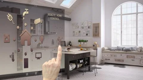 Smart home control concept, hand controlling digital interface from mobile ap 스톡 일러스트