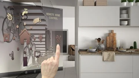 Smart home control concept, hand controlling digital interface from mobile ap 库存插图
