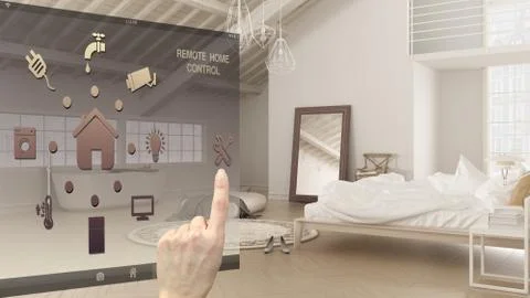 Smart home control concept, hand controlling digital interface from mobile ap 스톡 일러스트