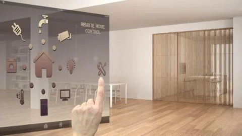 Smart home control concept, hand controlling digital interface from mobile ap イラスト素材