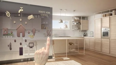 Smart home control concept, hand controlling digital interface from mobile ap イラスト素材