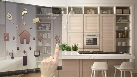 Smart home control concept, hand controlling digital interface from mobile ap Illustrazione stock