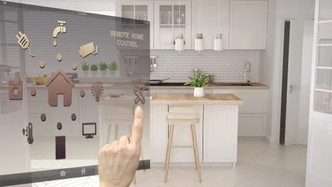 Smart home control concept, hand controlling digital interface from mobile ap 스톡 일러스트