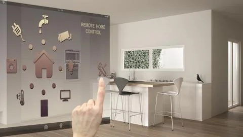 Smart home control concept, hand controlling digital interface from mobile ap Illustrazione stock
