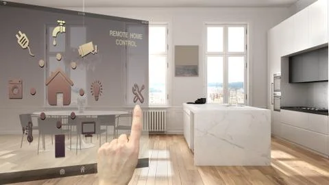 Smart home control concept, hand controlling digital interface from mobile ap 스톡 일러스트
