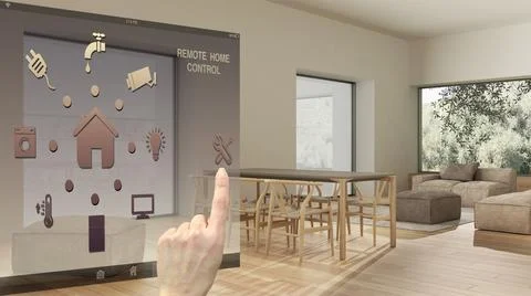 Smart home control concept, hand controlling digital interface from mobile ap イラスト素材