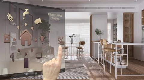Smart home control concept, hand controlling digital interface from mobile ap イラスト素材