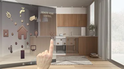 Smart home control concept, hand controlling digital interface from mobile ap Illustrazione stock
