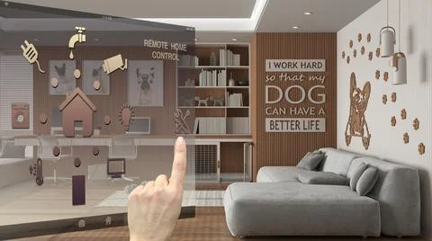 Smart home control concept, hand controlling digital interface from mobile ap Illustrazione stock