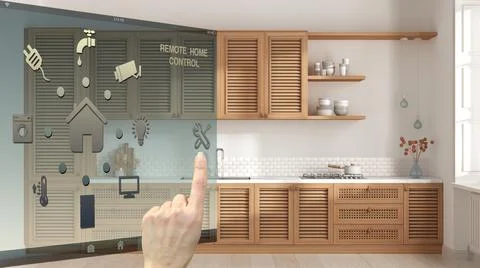 Smart home control concept, hand controlling digital interface from mobile ap Stock Illustration