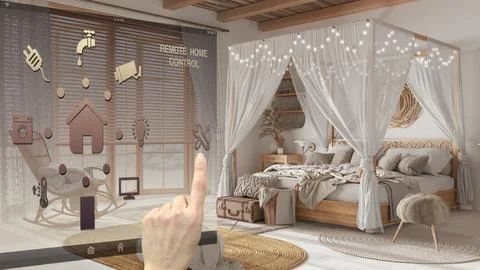 Smart home control concept, hand controlling digital interface from mobile ap イラスト素材