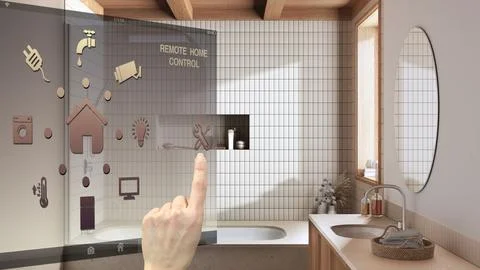 Smart home control concept, hand controlling digital interface from mobile ap イラスト素材