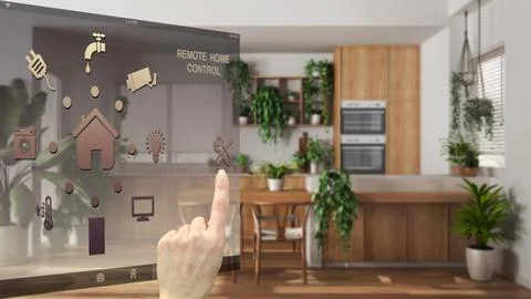 Smart home control concept, hand controlling digital interface from mobile .. 스톡 일러스트