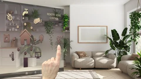 Smart home control concept, hand controlling digital interface from mobile .. イラスト素材