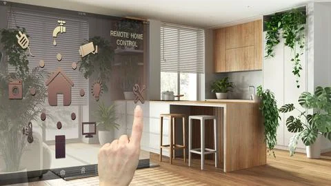 Smart home control concept, hand controlling digital interface from mobile .. Illustrazione stock