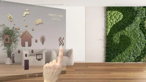 Smart home control concept, hand controlling digital interface from mobile .. イラスト素材