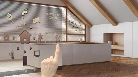 Smart home control concept, hand controlling digital interface from mobile .. 스톡 일러스트