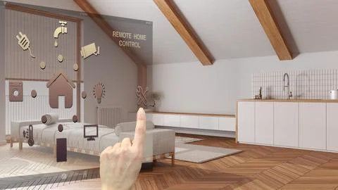 Smart home control concept, hand controlling digital interface from mobile .. 스톡 일러스트