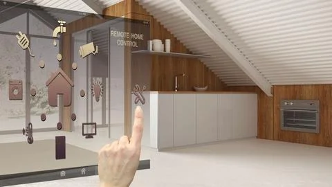 Smart home control concept, hand controlling digital interface from mobile .. 库存插图