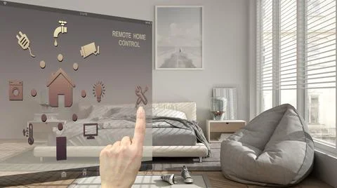 Smart home control concept, hand controlling digital interface from mobile ap Stock Photos