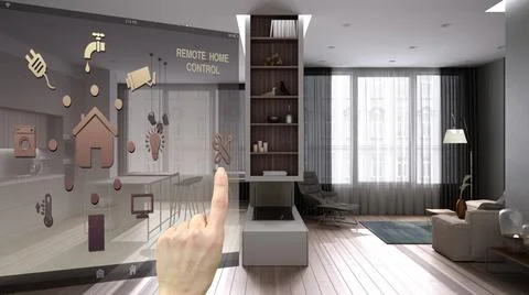 Smart home control concept, hand controlling digital interface from mobile ap Stock Photos