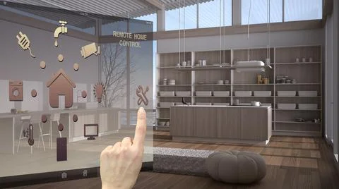 Smart home control concept, hand controlling digital interface from mobile ap Stock Photos