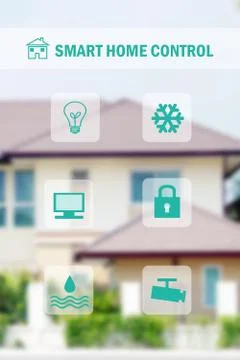 Smart home control icon over blur home background, web banner, smart home con Stock Photos