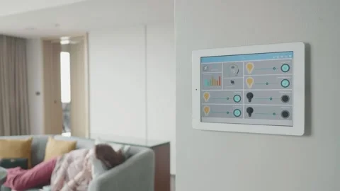 Smart Home Control Panel in a Modern Living Room Stock Footage 316073278