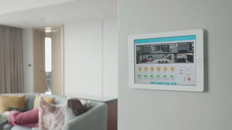 Smart Home Control Panel in Modern Living Room Stock Footage 316073318