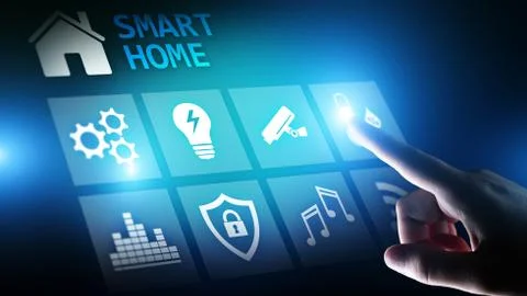 Smart home control panel on virtual screen. Internet of things, IOT, process 스톡 사진