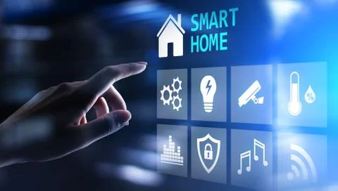 Smart home control panel on virtual screen. Internet of things, IOT, process Stock Photos